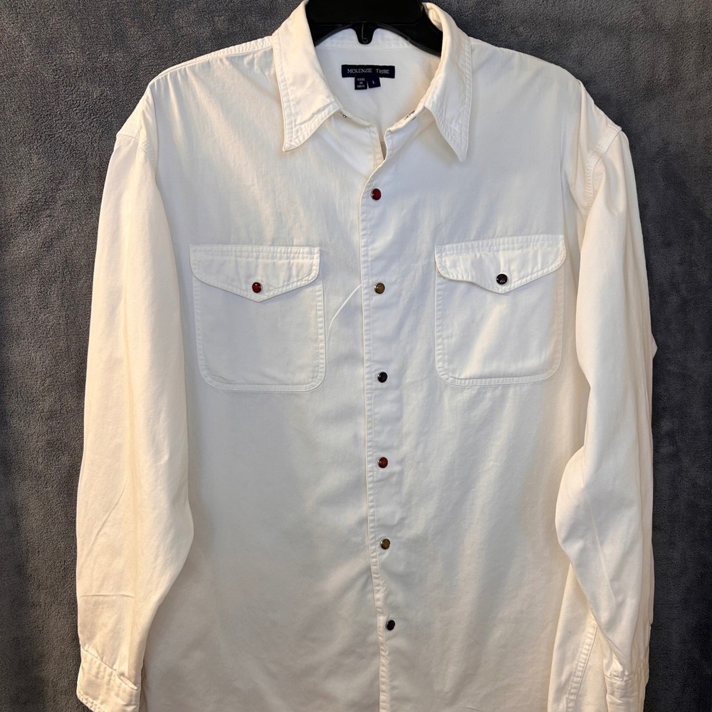 McKenzie Tribe Western Mens L White Long Sleeve‎ Snap Button Down Shirt